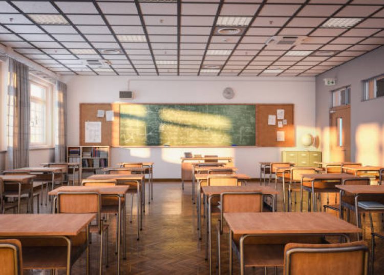 interior views of an empty Japanese-style classroom. 3d render